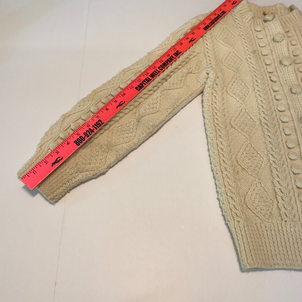 Theresa Farren Hand Knit Wool Aran Cardigan Cream Cable Bobble Fisherman Sweater - Picture 7 of 11